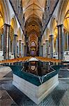 Looking down the nave and across the font in Salisbury Cathedral, Salisbury, Wiltshire, England, United Kingdom, Europe