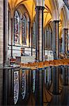 Mirrored reflections in the font of the aisle in Salisbury Cathedral, Salisbury, Wiltshire, England, United Kingdom, Europe