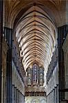 Looking down the nave of Salisbury Cathedral towards the west front, Salisbury, Wiltshire, England, United Kingdom, Europe