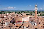 View over the old town including Piazza del Campo with Palazzo Pubblico town hall and Torre del Mangia Tower, Siena, UNESCO World Heritage Site, Siena Province, Tuscany, Italy, Europe