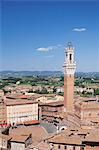 View over the old town including Piazza del Campo with Palazzo Pubblico town hall and Torre del Mangia Tower, Siena, UNESCO World Heritage Site, Siena Province, Tuscany, Italy, Europe
