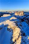 Aerial view of Sassolungo and Grohmann peaks at sunset, Sella Group, Dolomites, Trentino-Alto Adige, Italy, Europe