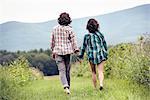 A couple, man and woman walking through a meadow hand in hand, rear view.