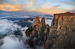 Aerial view of Santner peak at sunset, Sciliar Natural Park, Plateau of Siusi Alp in the Dolomites, Val Funes, Trentino-Alto Adige South Tyrol, Italy, Europe