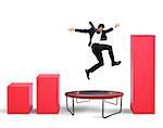 Businessman jumps on the trampoline between statistics