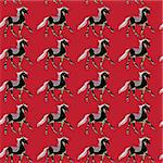 One horse seamless pattern, hand drawn cartoon illustration over red background