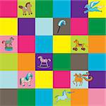 Seamless pattern with colored tiles and hand drawn illustrations of toy horses for kids