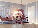 soccer ball break wall in the luxury room. 3d creative concept