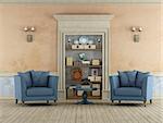 Vintage Room with classic stone portal used as a bookcase and two leather armchairs - 3D Rendering