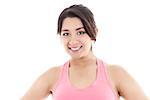 Stock image of smiling woman wearing exercise clothing isolated on white background