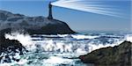 A lighthouse on a steep cliff sends out a lightbeam to warn of danger to passing ships