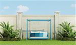 Tropical garden with white and blue swing - 3D Rendering