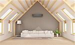 Modern attic with white sofa and wooden beams - 3D rendering