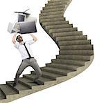 Overload businessman working launches pc from stairs