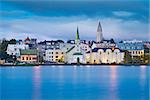 Image of Reykjavik, capital city of Iceland, during twilight blue hour.