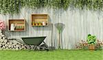 Tools for gardening in a garden with  old wooden fence-3d rendering