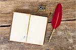 vintage  blank open book with red feather , copy space on pages, top view