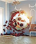 soccer ball break wall in the luxury room. 3d creative concept