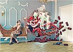 red car breaks the wall in luxurious interior with frightened woman. 3d creative concept