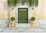 Entrance of a country house with green classic front door - 3D Rendering