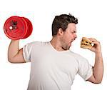 Fat man lifts weights eating a sandwich