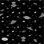 Sparse pattern with different extraterestrial spaceships and text in cosmos, black and white illustration