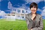 Curious, Smiling Mixed Race Woman Looks Over to Ghosted House Drawing, Partial Photo and Rolling Green Hills Behind.
