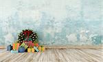 Vintage interior with colorful present and wreath on old wooden floor - 3D Rendering