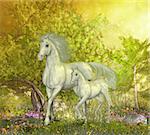 A white mother unicorn leads her colt through the magical forest full of spring flowers.