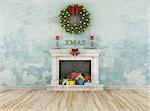 Vintage christmas room with classic fireplace with colorful gift - 3D Rendering