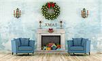 Retro christmas interior with two leather armchair and present in a classic fireplace - 3D Rendering