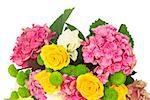 bunch of pink hortensia flowers with roses and mums close up isolated on white background