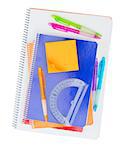 Notebook with set of school supplies isolated on white background