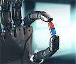 Robotic hand holding a pill of DNA. Concept of the technology, dominated by machines.