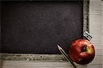 School objects for students. Chalkboard, pencils, crayons and apple