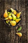 Fruit background. Fresh organic pears on old wood. Pear autumn harvest