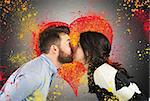 Couple kissing with splash colourful heart background