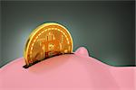 Putting Bitcoin Into Piggy Bank. 3D Scene.