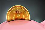 Putting Bitcoin Into Piggy Bank. 3D Scene.