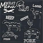 Meat menu. Set of meat symbols, beef, pork, chicken, lamb. Vector Illustration