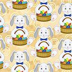 Seamless pattern, cartoon Bunnies with a basket of Easter eggs on abstract background. Vector
