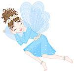 Cute fairy in blue dress with transparent wings is sleeping on pillow, vector illustration, eps 10