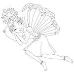 Cute fairy in dress with wings is sleeping on pillow, vector illustration, coloring book page for children