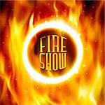 Fire show banner. Ring of fire. Vector illustration. Abstract background with fire flames and copyspace. Fiery circle on poster for the circus. Blazing hoop
