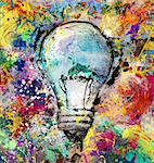 Drawn light bulb on colorful painting background