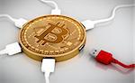 Red And White USB Wires Connected To The Bitcoin. 3D Scene.