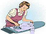 Woman housewife wife stroking his shirt iron homework. Home electrical appliances. Retro style pop art. Comfort care family love