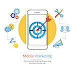 Mobile marketing and targeting. Flat contour illustration of a smartphone with dartboard in the screen. Text outlined, free font Lato