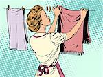 woman hangs clothes after washing housewife housework comfort retro style pop art