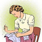 woman sews shirt thread housewife housework comfort retro style pop art